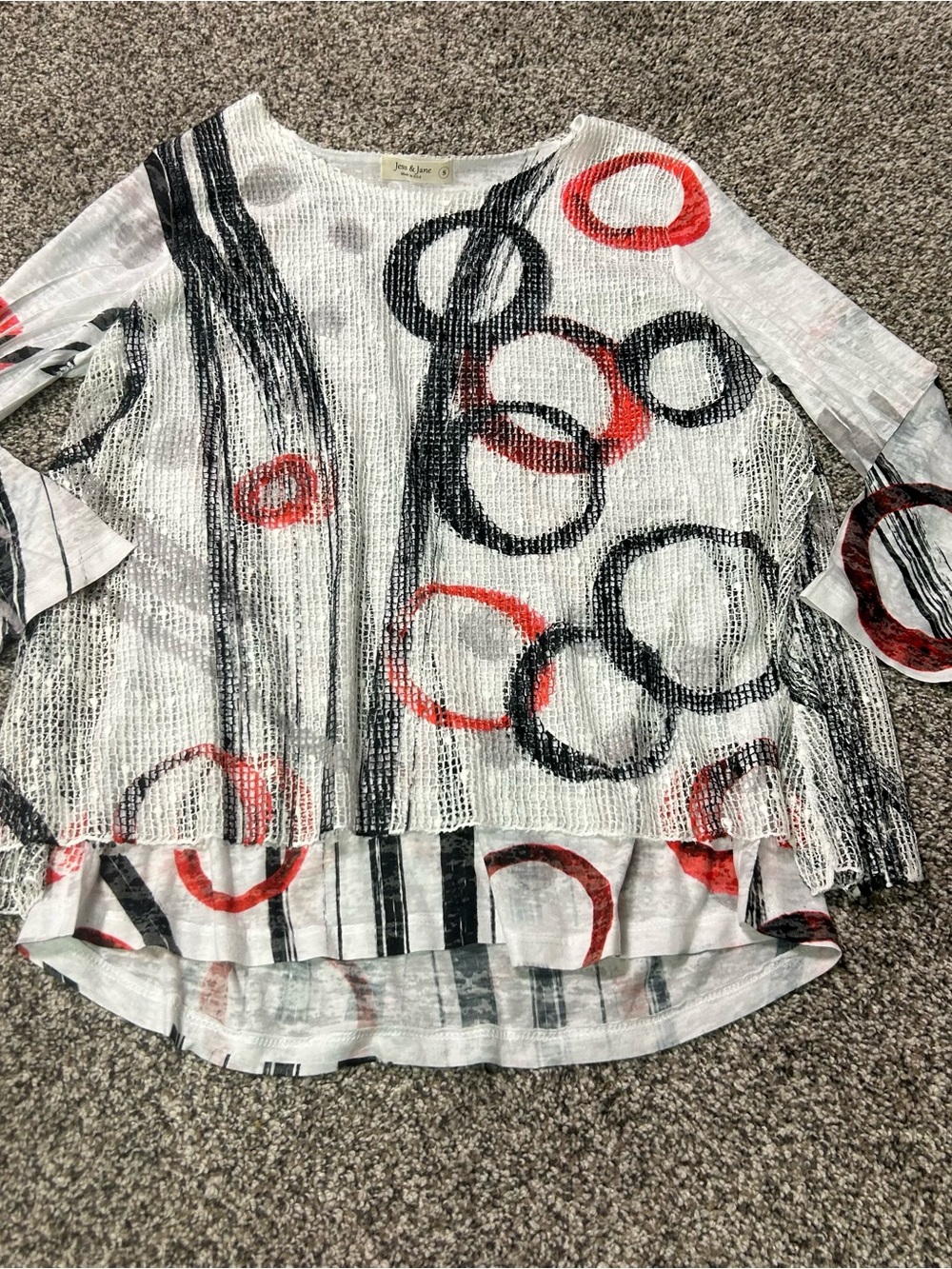 Jess & Jane Tunic Top Small White Multi Abstract Burnout Mesh 3/4 Sleeve BC4000